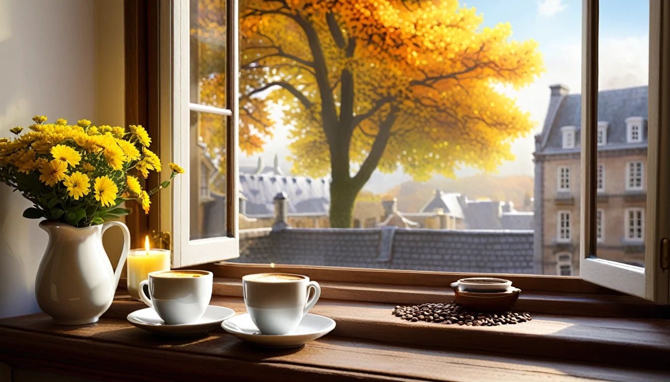 Create an image of a cozy, inviting autumn scene viewed from the inside of a room through an open window. The focus is on a wooden windowsill adorned with a vase full of fresh yellow flowers, alongside a steaming cup of coffee and scattered coffee beans. A lit candle adds warmth to the scene. In the background, visible through the window, autumn season and historic buildings, reflecting the serene ambiance of a quiet morning. Amazing wallpapers, kawa, high detailed official artwork, portrait of morning coffee, highly detailed scenario, photorealistic illustration, arte de fundo, Relaxing concept art,