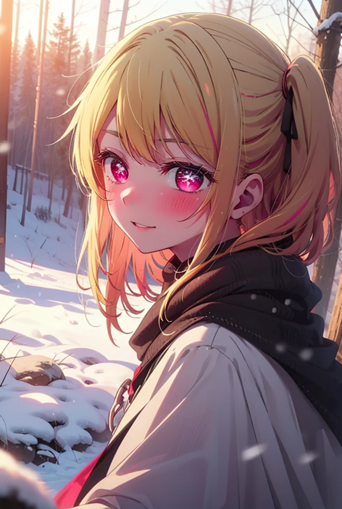 rubyhoshino, Hoshino Ruby, Long Hair, bangs, blonde, (Pink Eyes:1.3), Side Lock, (Symbol-shaped pupil:1.5), Multicolored Hair, Two-tone hair, smile,,smile,blush,white breath,
Open your mouth,snow,Ground bonfire, Outdoor, boots, snowing, From the side, wood, suitcase, Cape, Blurred, , forest, White handbag, nature, Squat, Mouth closed, Cape, winter, Written boundary depth, Black shoes, red Cape break looking at viewer, Upper Body, whole body, break Outdoor, forest, nature, break (masterpiece:1.2), Highest quality, High resolution, unity 8k wallpaper, (shape:0.8), (Beautiful and beautiful eyes:1.6), Highly detailed face, Perfect lighting, Highly detailed CG, (Perfect hands, Perfect Anatomy),