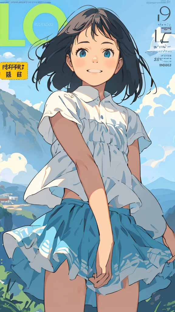 reasonable design, Clear lines, High Sharpness, (highest quality,8K,Perfect sharpness,Ultra fine,High resolution,masterpiece:1.2), Perfect Anatomy:1.5, Official Art, Illustrations that tell a story, (Whitish background:0. 9)、Body Positivity、More Mr.Physical expression、(Random and mischievous poses)、Perfect beauty、Perfect beautiful face、Strong winds、A rich expression、Dynamic composition、smile、Golden ratio composition、colorful、(Mr.Different angles and perspectives)、anime art、mini skirt、(Overcoming stereotypes)、 Glowing Skin、(Natural beauty)、smile、bangs、Straight Hair、(Soft and flowing hair)、(Rural Scenery)、(Nostalgic atmosphere)、Insert up to the thighs、(Playful and carefree)、(More Mr.Ethnic characters)、(innocent attitude)、(Sunny atmosphere)、Skirt flipped up、(Bright colors)、Belly button exposed、Beautiful Eyes、A skirt fluttering in the wind、Put it in to your feet、Some composition patterns、sensuous、Geometric pattern、emotional、Symposium cover、