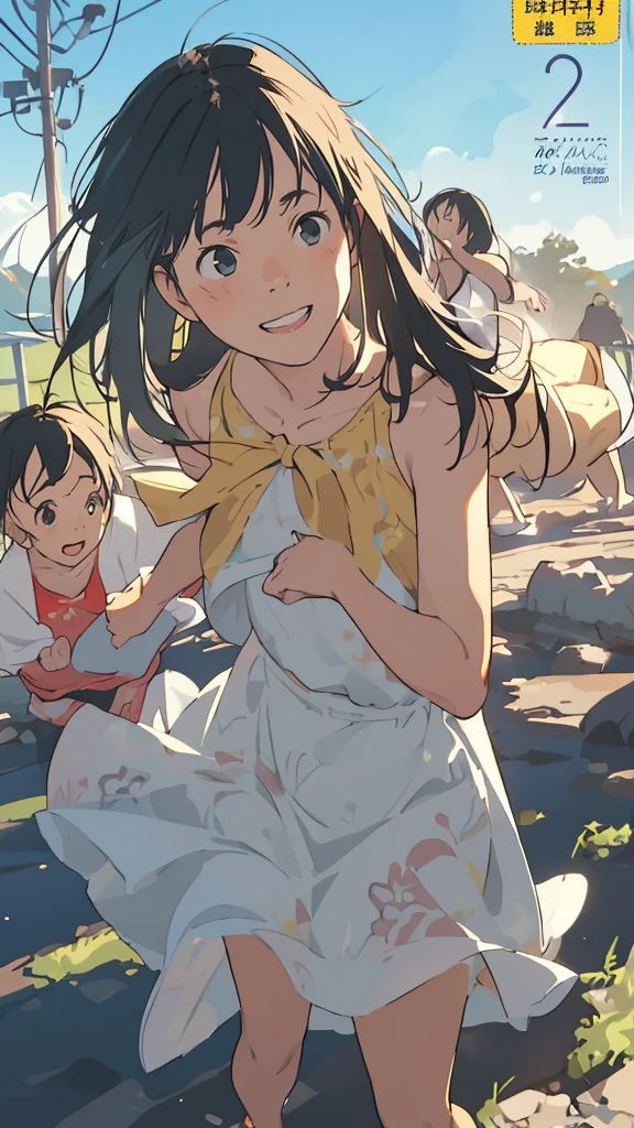 reasonable design, Clear lines, High Sharpness, (highest quality,8K,Perfect sharpness,Ultra fine,High resolution,masterpiece:1.2), Perfect ???????:1.5, Official Art, Illustrations that tell a story, (Whitish background:0. 9)、Body Positivity、More Mr.Physical expression、(Random and mischievous poses)、Perfect beauty、Perfect beautiful face、Strong winds、A rich expression、Dynamic composition、smile、Golden ratio composition、colorful、(Mr.Different angles and perspectives)、anime art、mini skirt、(Overcoming stereotypes)、 Glowing Skin、(Natural beauty)、smile、bangs、Straight Hair、(Soft and flowing hair)、(Rural Scenery)、(Nostalgic atmosphere)、Insert up to the thighs、(Playful and carefree)、(More Mr.Ethnic characters)、(innocent attitude)、(Sunny atmosphere)、Skirt flipped up、(Bright colors)、Belly button exposed、Beautiful Eyes、A skirt fluttering in the wind、Put it in to your feet、Some composition patterns、sensuous、Geometric pattern、emotional、Symposium cover、