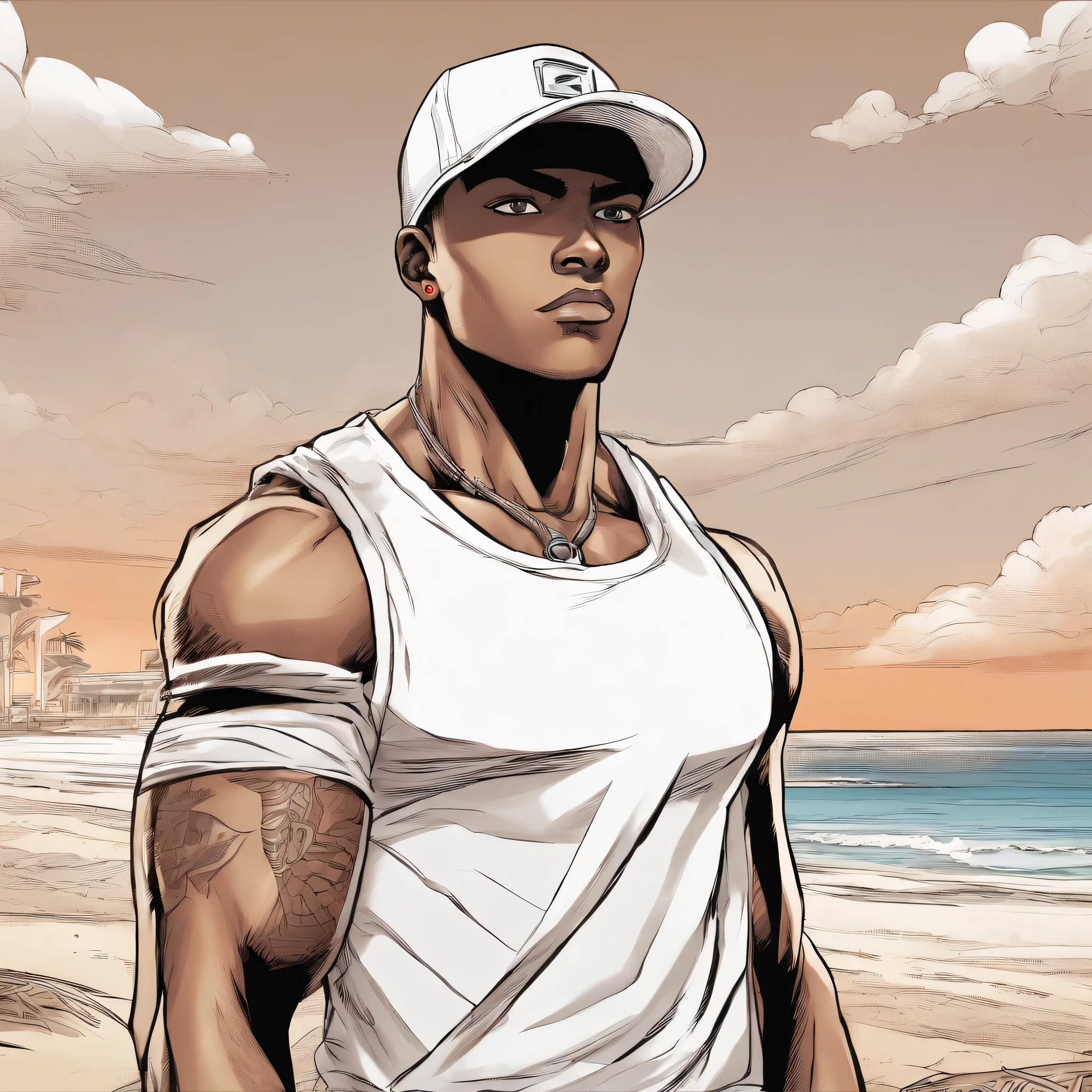21-year-old boy with ripped abs on a brown-skinned beach wearing a white cap turned backwards estilo realista 