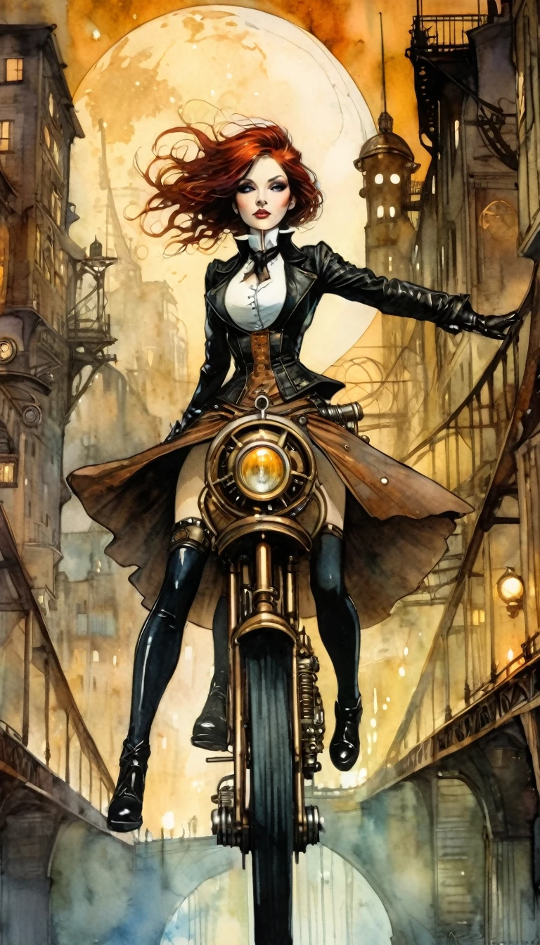 (((beautiful detailed)))1girl , Girl galloping on a steampunk monocycle ,Night, A steampunk cityscape below, Going under a brown iron bridge((masterpiece, high quality, best quality))(sharp lines:1.2)(clear line:1.2),(eye details:1.3)(thick border:1.4)line drawing, animation cel style ,Watercolor style, watercolor pencil, paper texture,Helltaker_style, (art inspired by Bill Sienkiewicz). oil painting)
