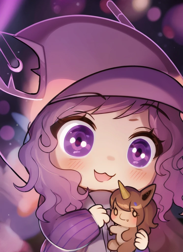 (((chibi:1.2))), 1girl,solo, high quality, dark brown long curly hair, tan skin, purple eyecolor, astronaut helmet, unicorn plushie, purple outfit