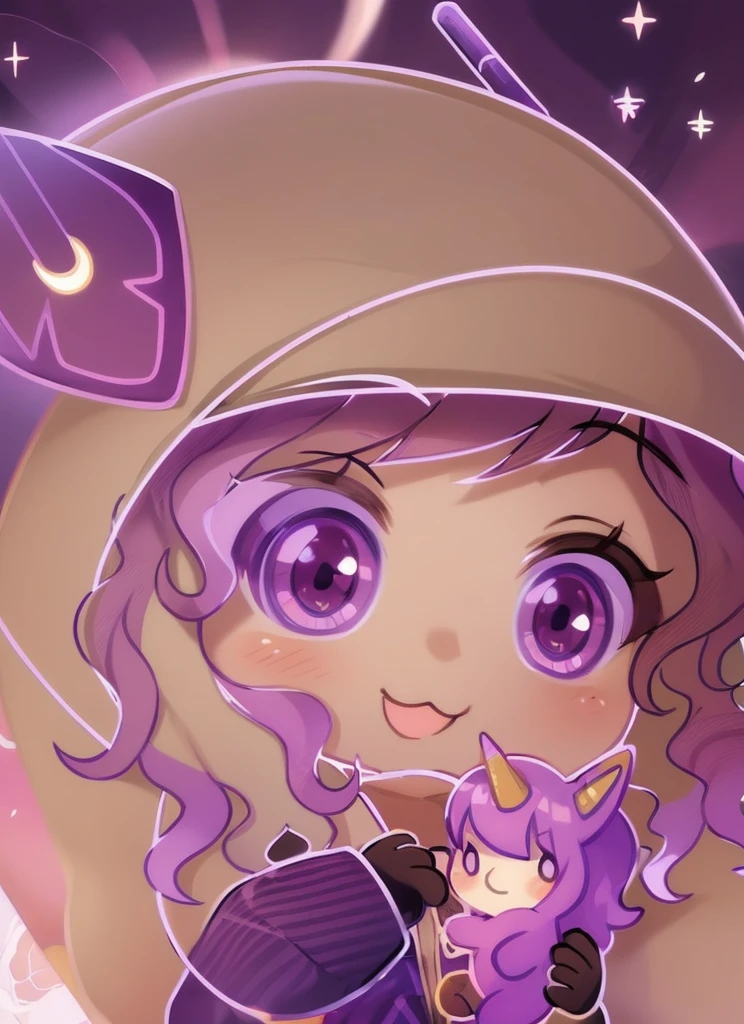 (((chibi:1.2))), 1girl,solo, high quality, dark brown long curly hair, tan skin, purple eyecolor, astronaut helmet, unicorn plushie, purple outfit