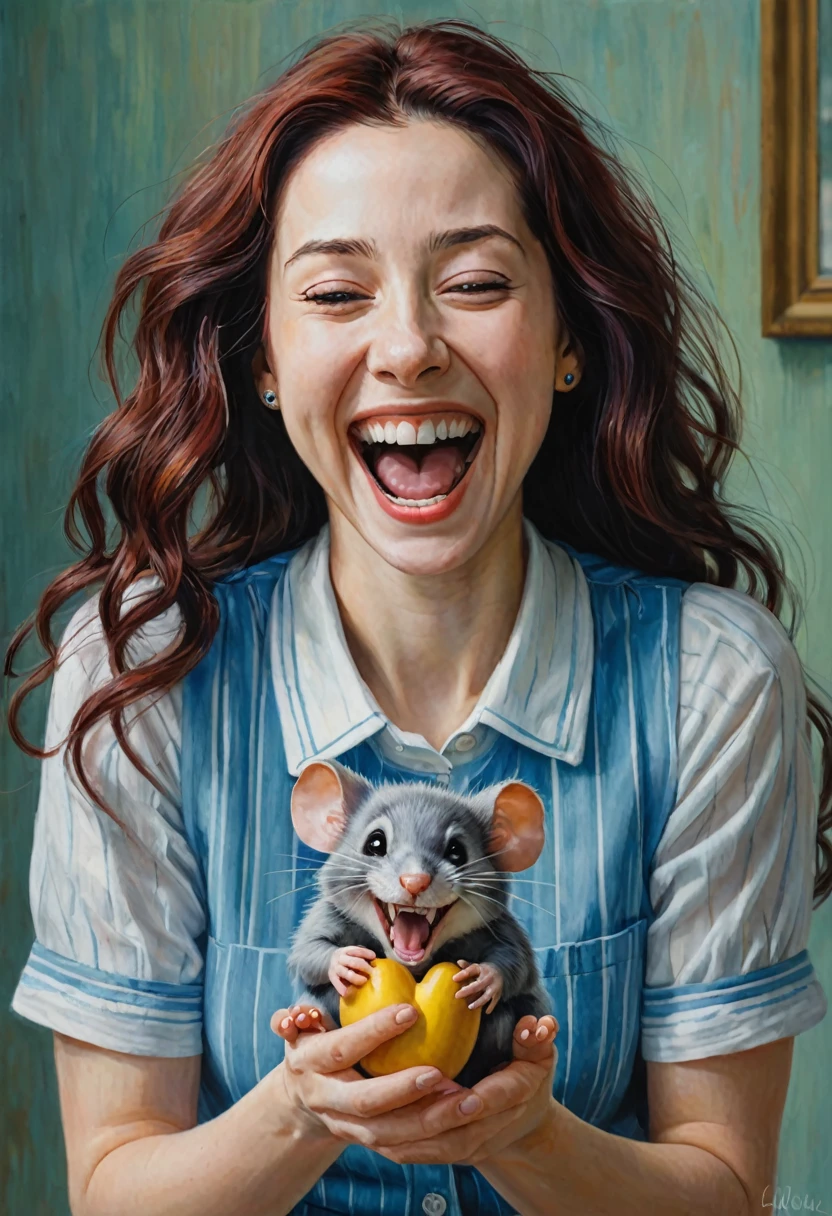 by (((lori earley) Kelly Sue DeConnick ) and Makoto Shinkai ) Evgeny Rushpin, Digital oil pastel painting on Kodak movie film canvas of a cute happy woman laughing maniacally holding two cute mice, Dual wielding mouse