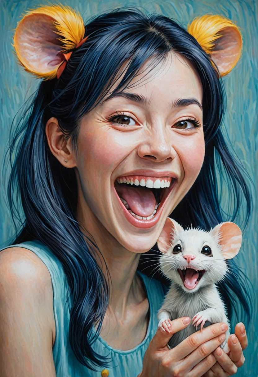 by (((lori earley) Kelly Sue DeConnick ) and Makoto Shinkai ) Evgeny Rushpin, Digital oil pastel painting on Kodak movie film canvas of a cute happy woman laughing maniacally holding two cute mice, Dual wielding mouse 