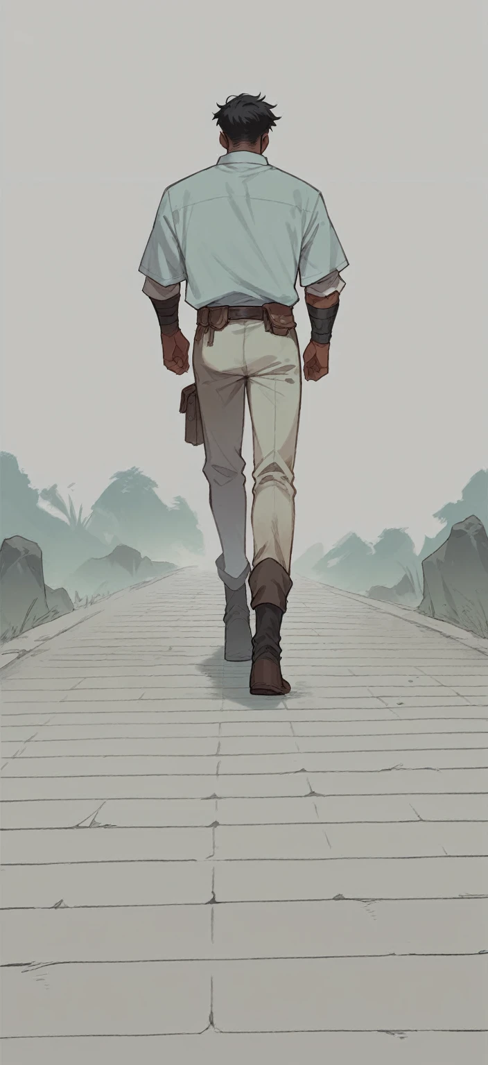 a pretty Male, brown skin ,black hair wearing a mage uniform, the man is walking with his back turned. post apocalyptic Manhwa style.