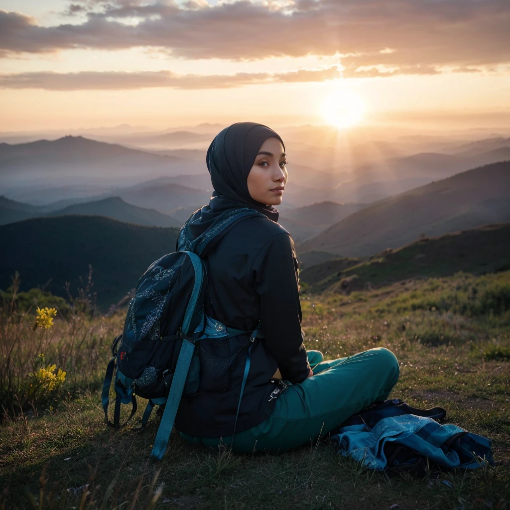 A stunning, high-resolution photo of a beautiful woman wearing a hijab, fully dressed in climbing attire with intricate equipment. She is sitting on the grass at a slight angle, enjoying the breathtaking panorama of the Dieng plateau. The early morning sun creates a serene atmosphere, with a hint of sunrise in the sky. The photo captures the essence of peace and tranquility, with sharp details and ornate elements. The scene is reminiscent of a 32K ultra-high-definition image, showcasing the beauty of wildlife and portrait photography., wildlife photography, photo, portrait photography