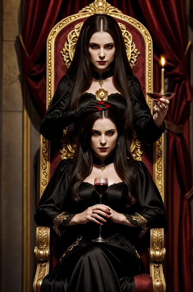 female vampire countess, evil, has long brown hair, black eyes, wearing regal gold lined black dress, sitting on throne, has red eyes, holding a wine glass full of blood