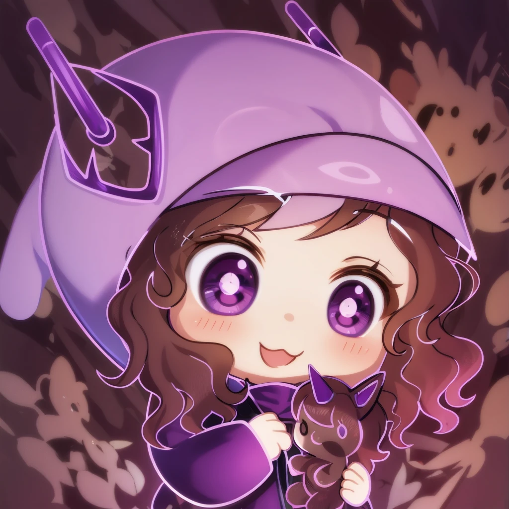 (((chibi:1.2))), 1girl,solo, high quality, dark brown long curly hair, tan skin, purple eyecolor, astronaut helmet, unicorn plushie, purple outfit