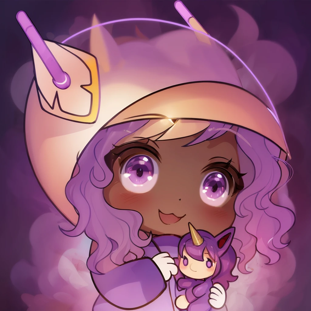 (((chibi:1.2))), 1girl,solo, high quality, dark brown long curly hair, tan skin, purple eyecolor, astronaut helmet, unicorn plushie, purple outfit