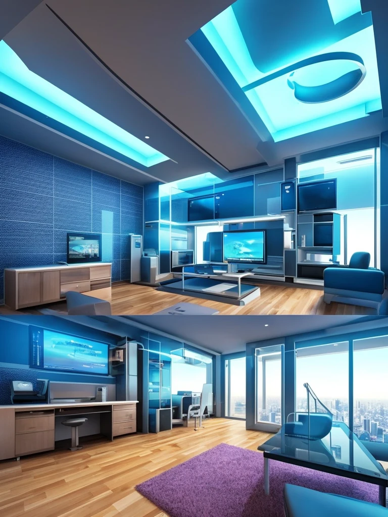 there is a computer desk with a monitor and a chair in front of a window, futuristic room background, retro futuristic apartment, futuristic room, futuristic interior, desktopography, futuristic. game cg, futuristic decor, photograph of 3d ios room, cgsociety 9, gorgeous 3d render, stunning 3d render, stunning 3 d render, the cyberpunk apartment