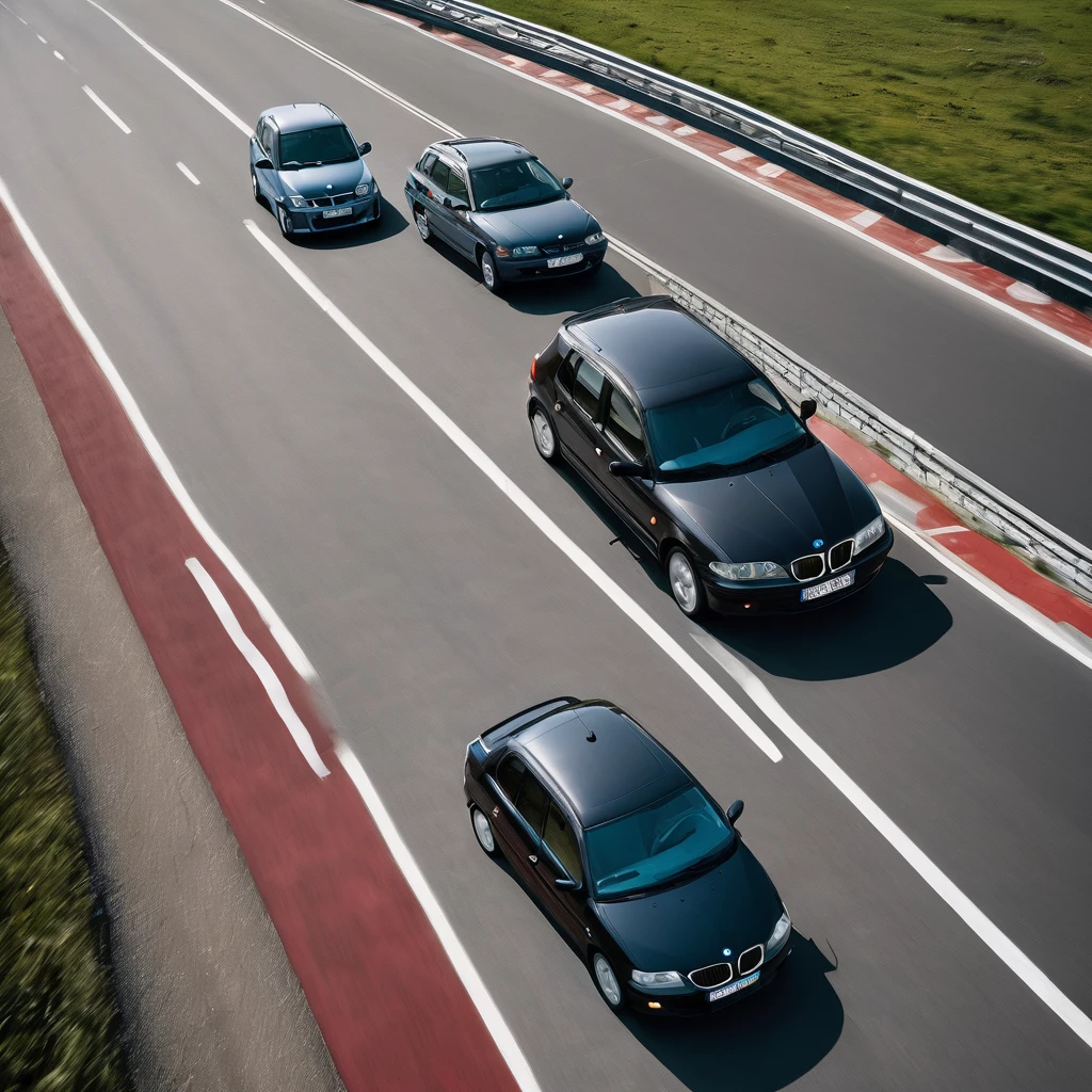 a four-lane highway on which two cars drive side by side in the same direction. In the right lane there is a slow big modern black BMW car, in the left faster lane it is overtaken by a faster driving old red Škoda Fabia 2000 car, top view, high quality detail, photo