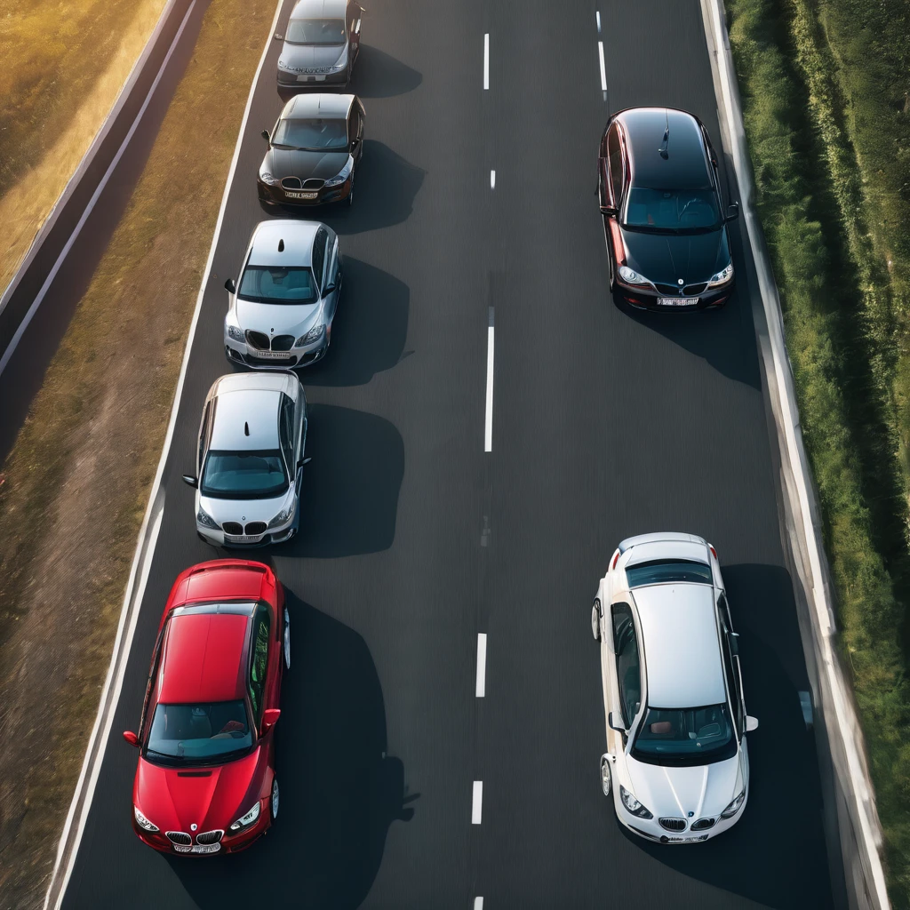 a four-lane highway on which two cars drive side by side in the same direction. In the right lane there is a slow big modern black BMW car, in the left faster lane it is overtaken by a faster driving old red Škoda Fabia 2000 car, top view, high quality detail, photo
