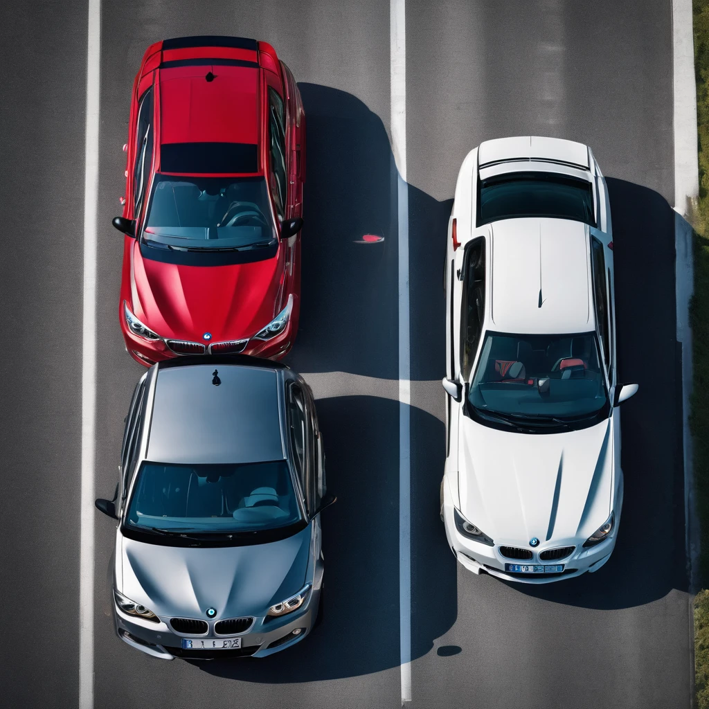 a four-lane highway on which two cars drive side by side in the same direction. In the right lane there is a slow big modern black BMW car, in the left faster lane it is overtaken by a faster driving old red Škoda Fabia 2000 car, top view, high quality detail, photo