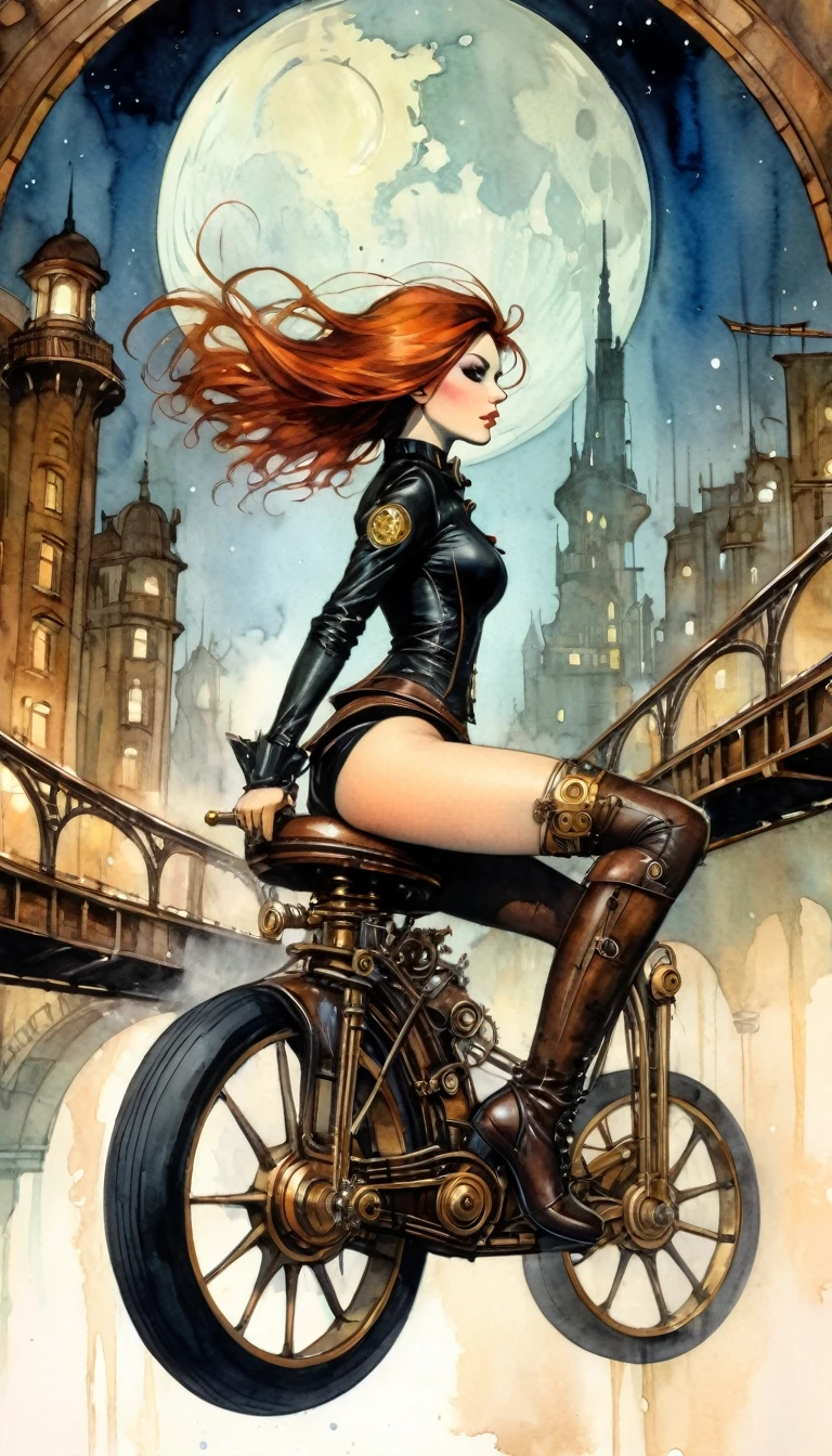 (((beautiful detailed)))1girl , Girl galloping on a steampunk monocycle ,Night, A steampunk cityscape below, Going under a brown iron bridge((masterpiece, high quality, best quality))(sharp lines:1.2)(clear line:1.2),(eye details:1.3)(thick border:1.4)line drawing, animation cel style ,Watercolor style, watercolor pencil, paper texture,Helltaker_style, (art inspired by Bill Sienkiewicz). oil painting)

