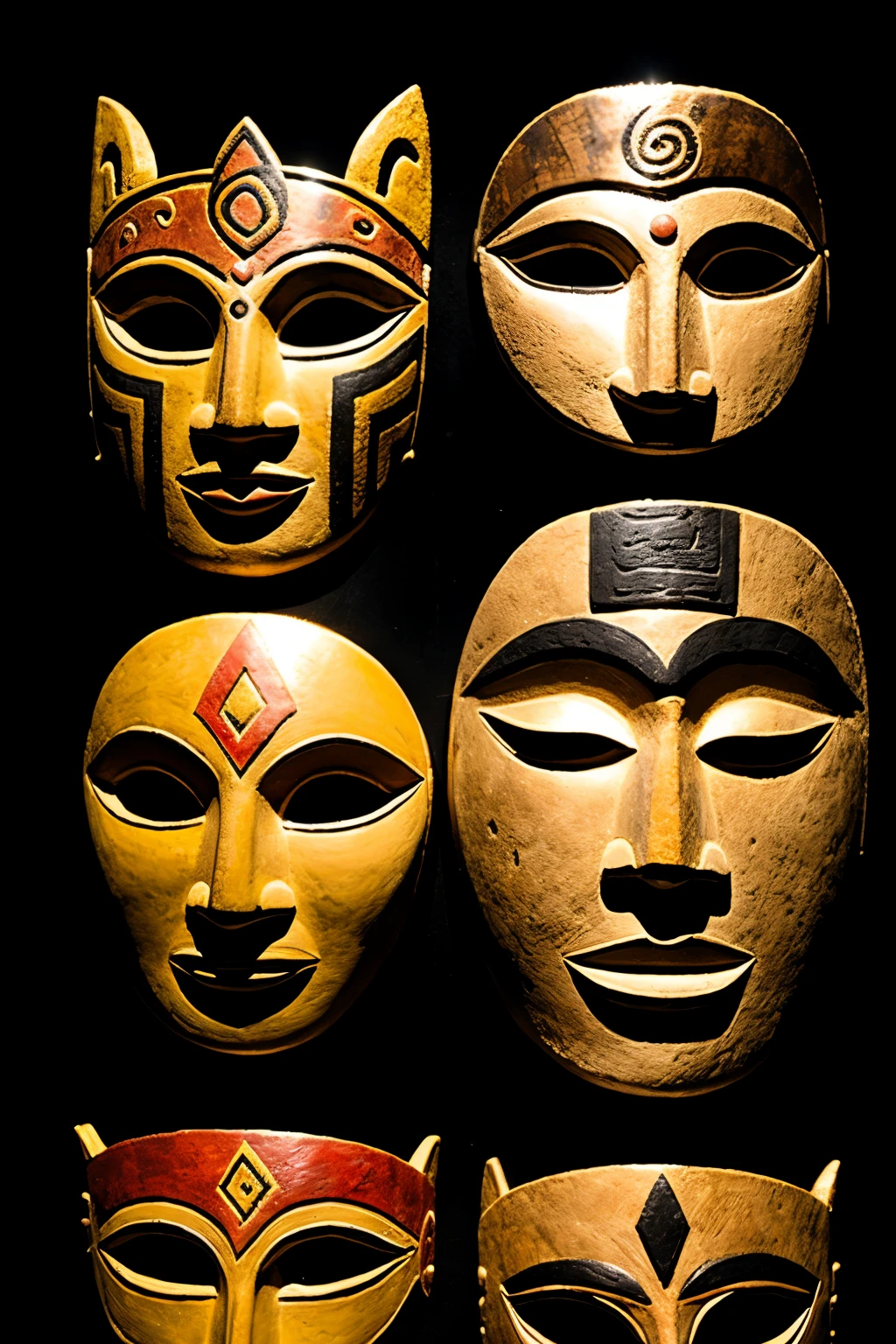 Mayan-inspired masks of different elements, like air, Water, land, fire and lightning.