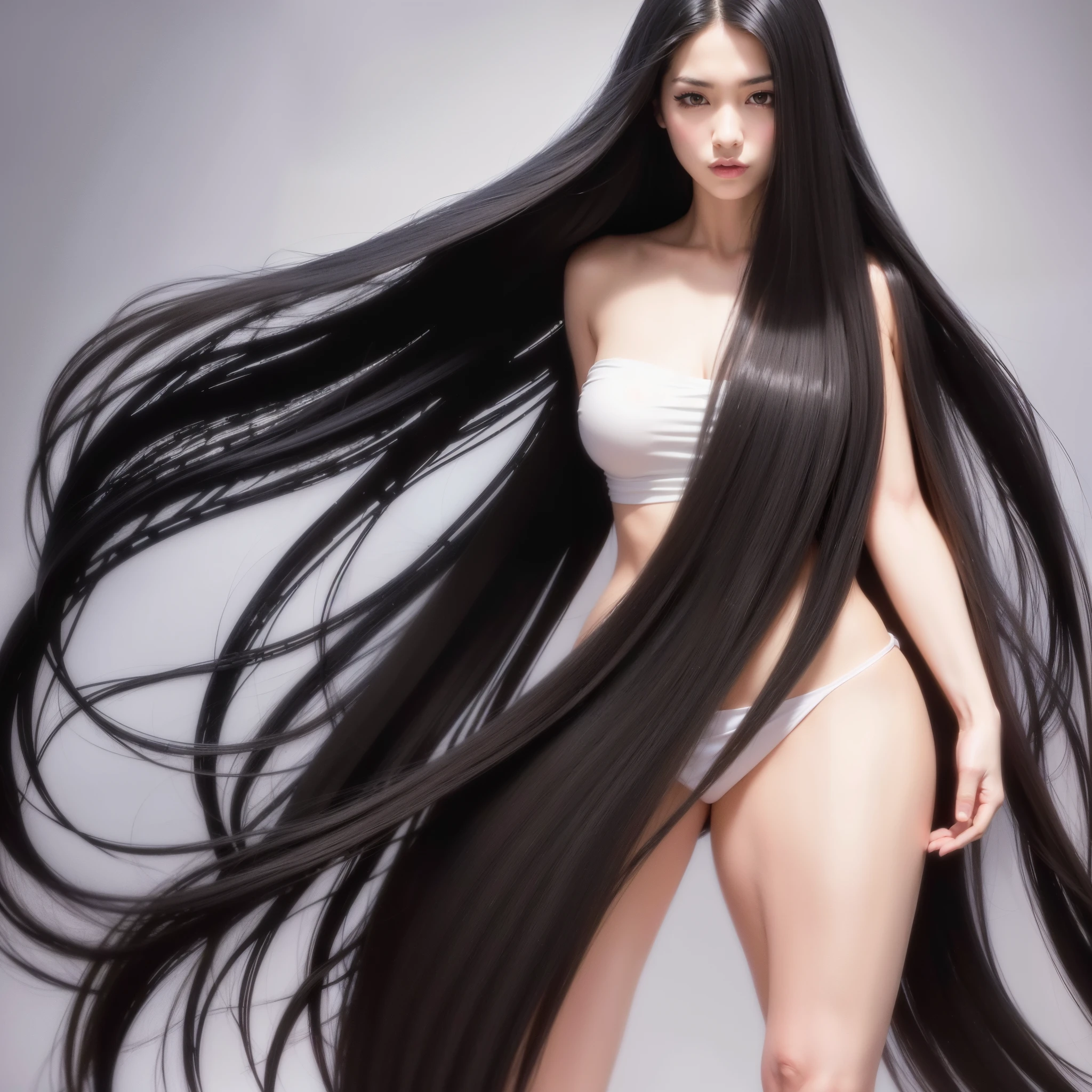 (Best image quality、Highest quality、Highest Resolution、Ultra-realistic photos、Full body photo、masterpiece、16ｋ、）One Girl、Her amazingly long black hair is super beautiful、Hair length: Approximately 3 meters、White underwear or naked、Cover the whole body with jet black straight hair、Very beautiful face、beautiful, Well-groomed black hair、Very large amounts of hair、Ultra-long black hair that accentuates feminine sexiness、Slim figure、Shining beautiful hair、Bright lighting、Professional Lighting、World Long Hair Contest Winner、Full body photo、Head to toe photos、Photo taken from about 4 meters away、ultra-realistic、both hands、2 feet、The longest black hair in the world、My hair is heavy and tired、Hair longer than Rapunzel、Very large amounts of hair、I have very long black hair covering my entire body.、Shampooing every day makes your hair very clean..、My hair smells like roses、Her very long black hair makes her sexy.、My charm is my very long black hair.、Long black hair is a symbol of beauty、I&#39;I am proud of my long black hair、This long hair length and volume is admired around the world..、I have very long black hair that spreads out like a fan.、Backwards、Sleeping on your stomach、Silky black hair flowing from shoulders to the floor、a tremendous amount of hair、I have very thick hair、Wrap the whole bed in hair、Hide your hands with your long hair、Hide your fingers with your long hair、A storm of black hair about to overflow from the screen、