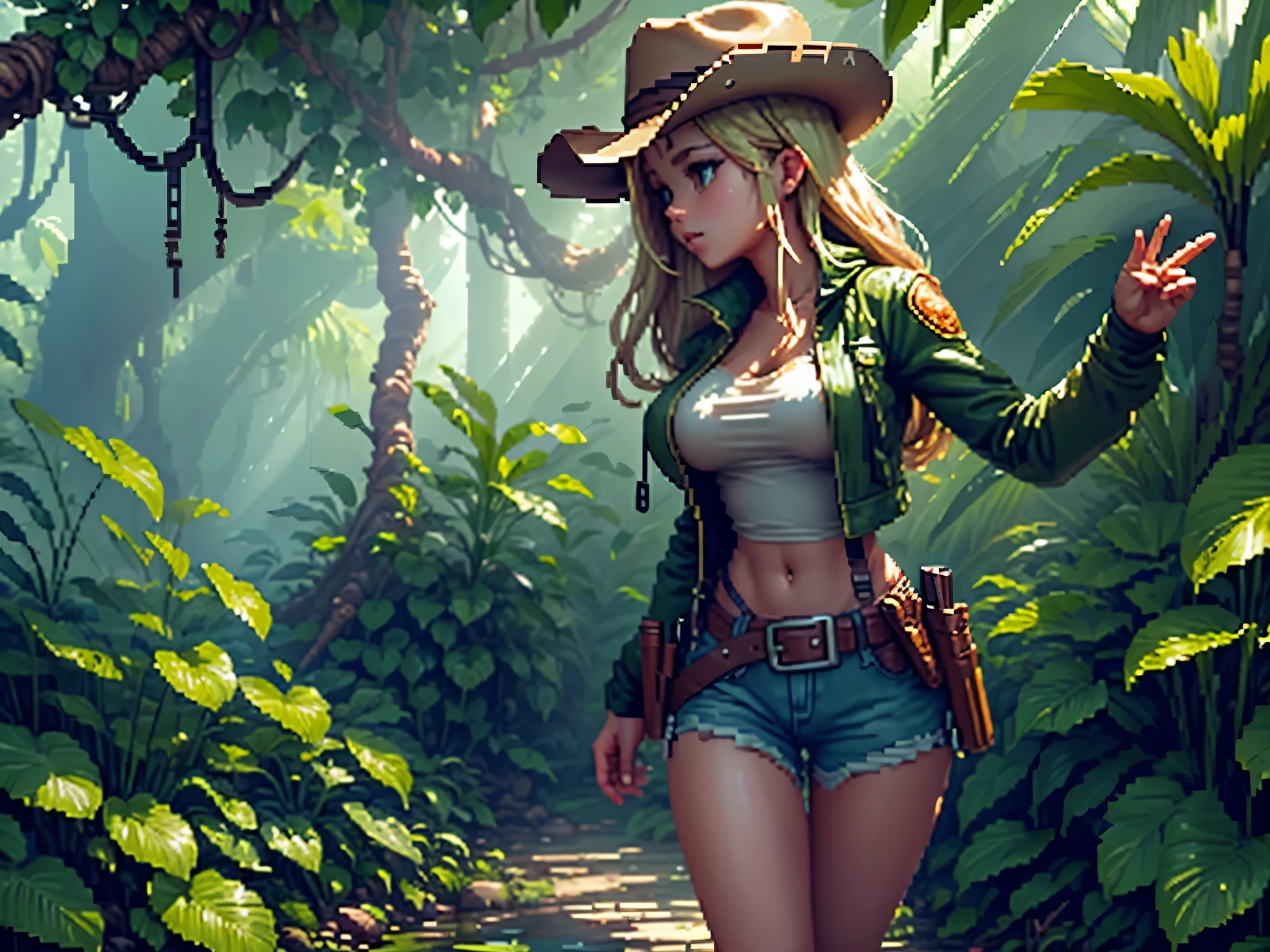 quality\(8k,wallpaper of extremely detailed CG unit, ​masterpiece,hight resolution,top-quality,top-quality real texture skin,hyper realisitic,increase the resolution,RAW photos,best qualtiy,highly detailed,the wallpaper,cinematic lighting,ray trace,golden ratio\),dynamic pose,dynamic angle,(((pixel))),(((pixelart))),(action_game), BREAK ,1girl\(Adventures ,professor of archaeology,(cowboy_hat),belt_buckle,blonde hair,long hair,hair floating,messy hair,big breast,gun holder,gun,bullet belt, whip,short pants, leather jacket, white tubetop, long boots,jumping, shooting gun\), BREAK ,background\(outdoor,sunshine,dappled sunlight,(dark jungle:1.5),pond,(many plants:1.5)),(close-up girl)