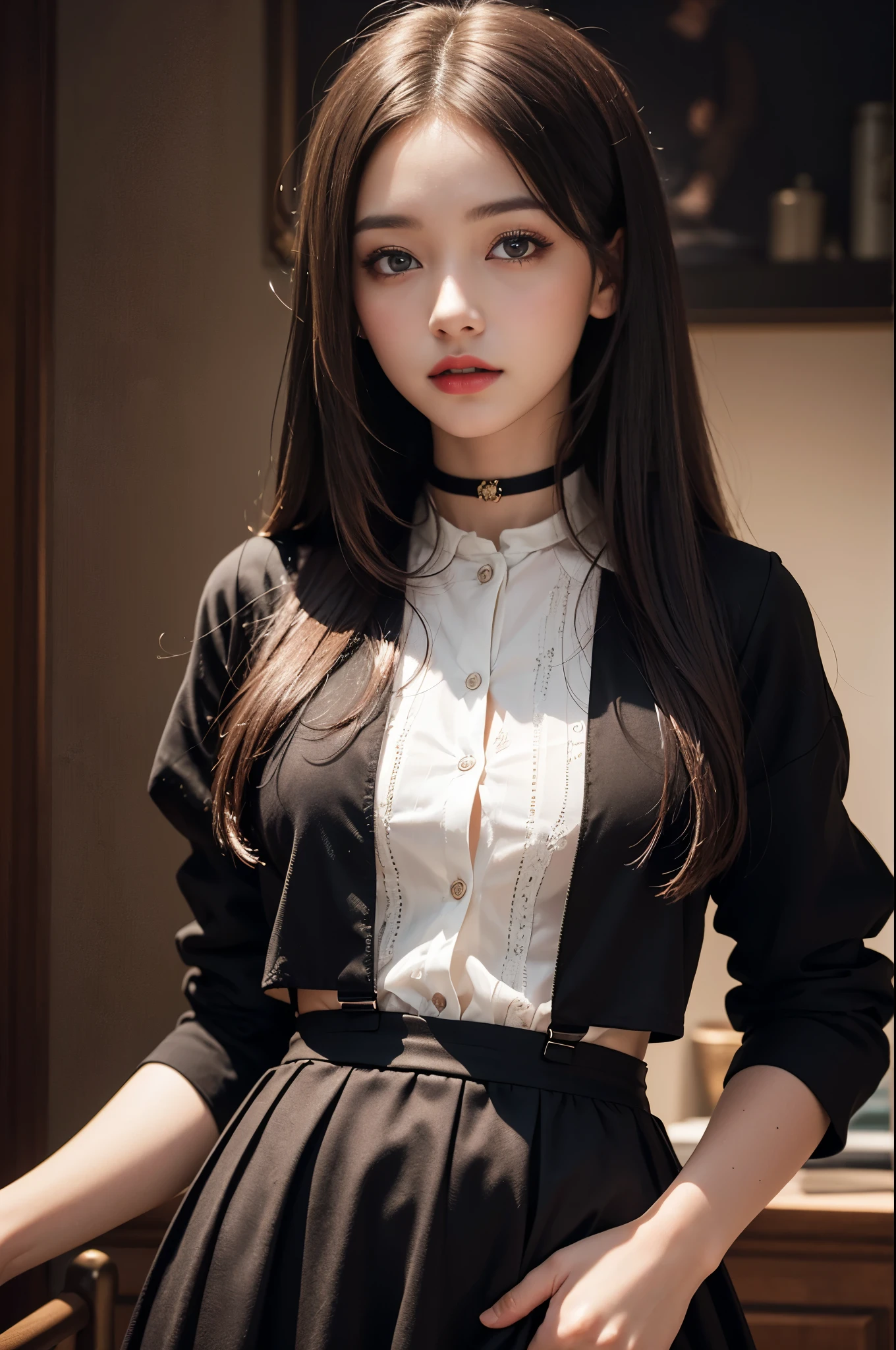 (Best quality,8k,high resolution,masterpiece:1.2),Digital Artwork,A girl,Delicate face,Delicate eyes,Dark brown hair,Straight Hair,Shining amber eyes,Red lips,suspender long skirt,particle,dust,Warm colors,shy,in love,Eevee drawing,Men's white collar shirt,necklace,Jewelry,Pretty Face,Large Breasts,more than_Body,Tyndall effect,lifelike,Dark Studio,(HD Skin:1.2),8k Ultra HD,Soft Light,high quality,Edge lighting,Two-color lighting,Volumetric Lighting,frank,Professional photography,超high resolution,8k,Bokeh,Shallow depth of field