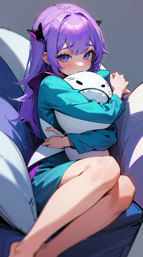 Top Quality, 8K, 4K, High Definition, Detail, (better-quality, 8K, 12), top-quality, 1 girl, purple short, sit down, hugs a shark pillow, wearing a shark PJ,