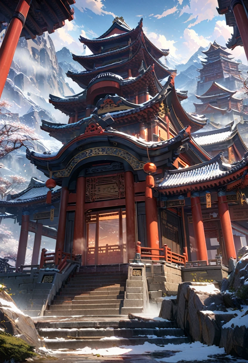  anime aestetics, anime landscape, view from the feet of the mountain, huge chinese sanctuary at the mountain, mountain covered in buildings, red walls. spiky roofs, ancient chinese architecture, transparent fog, big clouds, snowy mountaintops, mystic atmosphere, calm atmosphere, beautiful architecture, wide shot, atmospheric perspective, perspective, from below, 4K, 8k, best quality, award winning, super detail, masterpiece, UHD