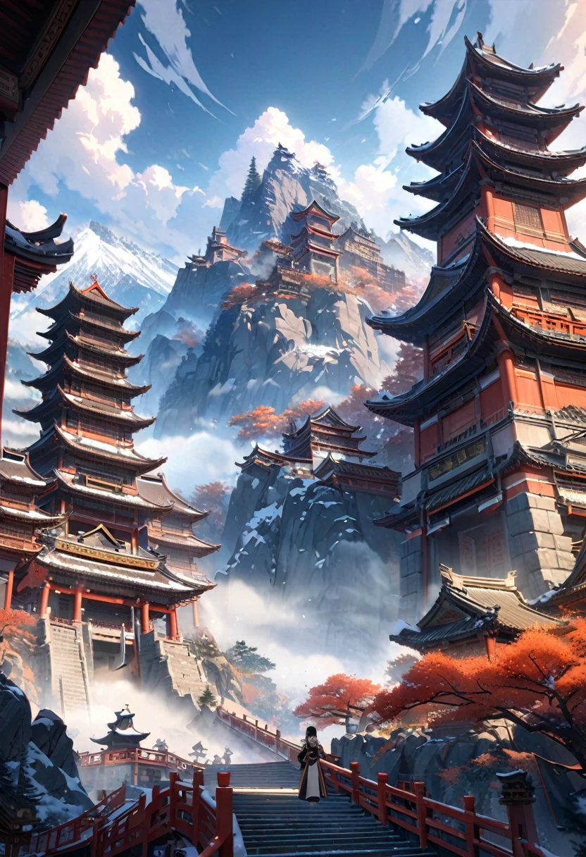  anime aestetics, anime landscape, view from the feet of the mountain, huge chinese sanctuary at the mountain, mountain covered in buildings, red walls. spiky roofs, ancient chinese architecture, transparent fog, big clouds, snowy mountaintops, mystic atmosphere, calm atmosphere, beautiful architecture, wide shot, atmospheric perspective, perspective, from below, 4K, 8k, best quality, award winning, super detail, masterpiece, UHD