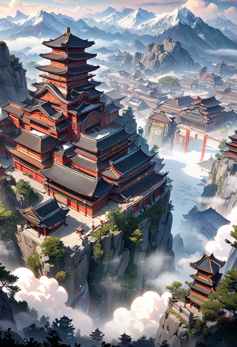  anime aestetics, anime landscape, view from the feet of the mountain, huge chinese sanctuary at the mountain, mountain covered in buildings, red walls. spiky roofs, ancient chinese architecture, transparent fog, big clouds, snowy mountaintops, mystic atmosphere, calm atmosphere, beautiful architecture, wide shot, atmospheric perspective, perspective, from below, 4K, 8k, best quality, award winning, super detail, masterpiece, UHD