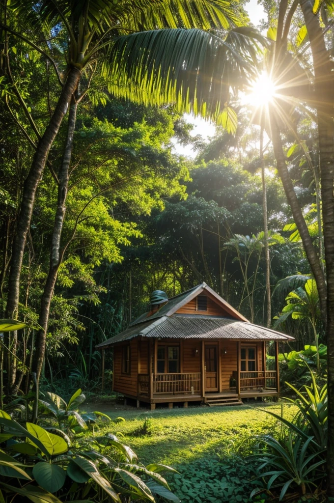 The small house among the jungle and sunlight 