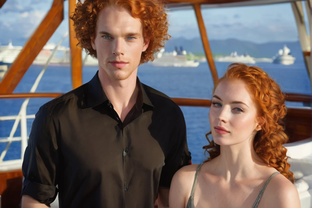 couple, beautiful woman, green eyes, volumous upperlips, 3b spiral long curly ginger hair, hansome young man, bald, in  a Cruise ship
