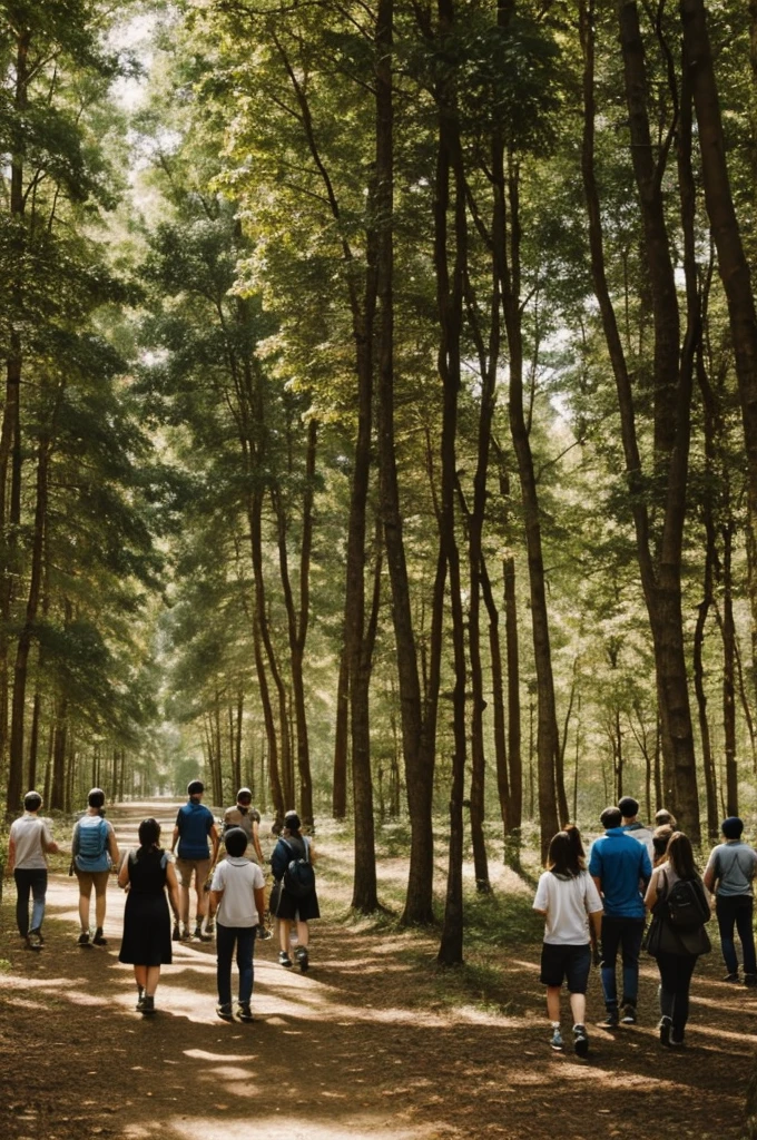 Drawings of a group of people in a beautiful forest