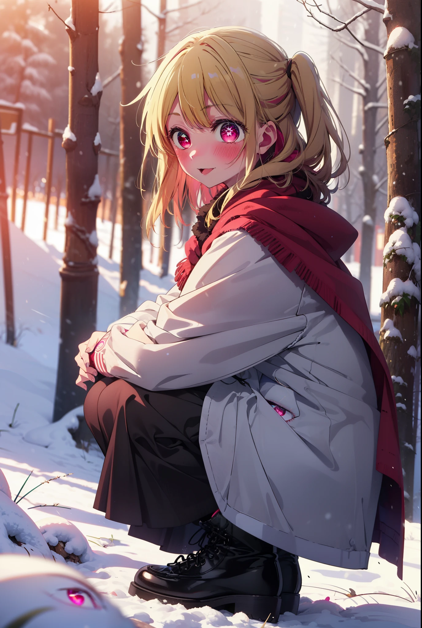 rubyhoshino, Hoshino Ruby, Long Hair, bangs, blonde, (Pink Eyes:1.3), Side Lock, (Symbol-shaped pupil:1.5), Multicolored Hair, Two-tone hair, smile,,smile,blush,white breath,
Open your mouth,snow,Ground bonfire, Outdoor, boots, snowing, From the side, wood, suitcase, Cape, Blurred, , forest, White handbag, nature, Squat, Mouth closed, Cape, winter, Written boundary depth, Black shoes, red Cape break looking at viewer, Upper Body, whole body, break Outdoor, forest, nature, break (masterpiece:1.2), Highest quality, High resolution, unity 8k wallpaper, (shape:0.8), (Beautiful and beautiful eyes:1.6), Highly detailed face, Perfect lighting, Highly detailed CG, (Perfect hands, Perfect Anatomy),