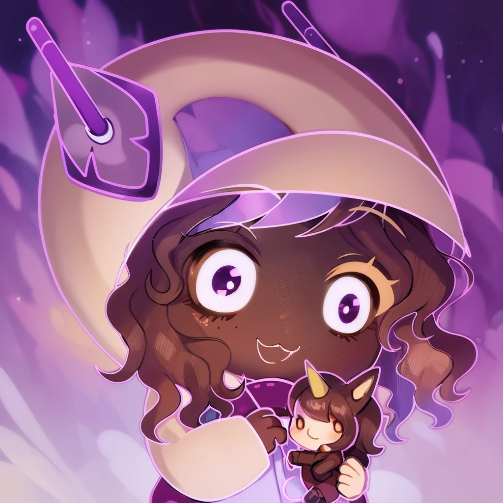 (((chibi:1.2))), 1girl,solo, high quality, dark brown long curly hair, tan skin, purple eyecolor, astronaut helmet, she is grabbing a unicorn plushie, purple outfit, white background,