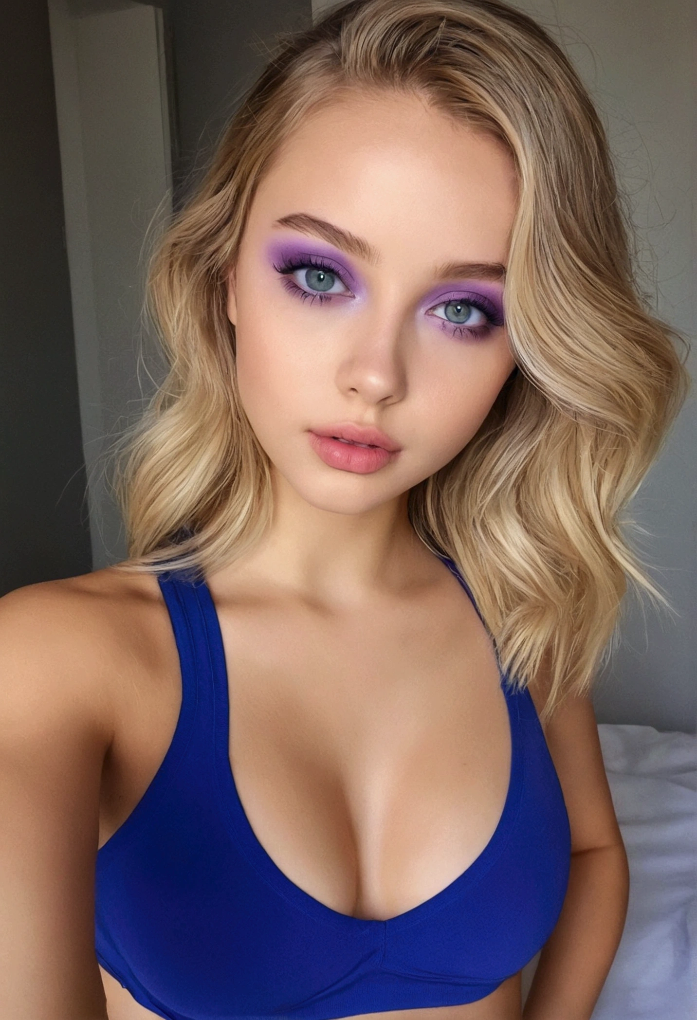 femme avec débardeur et culotte assortis, fille sexy aux yeux bleus, portrait sophie mudd, portrait corinna kopf, cheveux blonds et grands yeux, Selfie d&#39;une jeune femme, Les yeux dans le club Violet Myers, sans maquillage, maquillage naturel, Regarder directement dans la caméra, Visage avec Artgram, maquillage subtil, superbe photo de tout le corps, dans la chambre, clivage