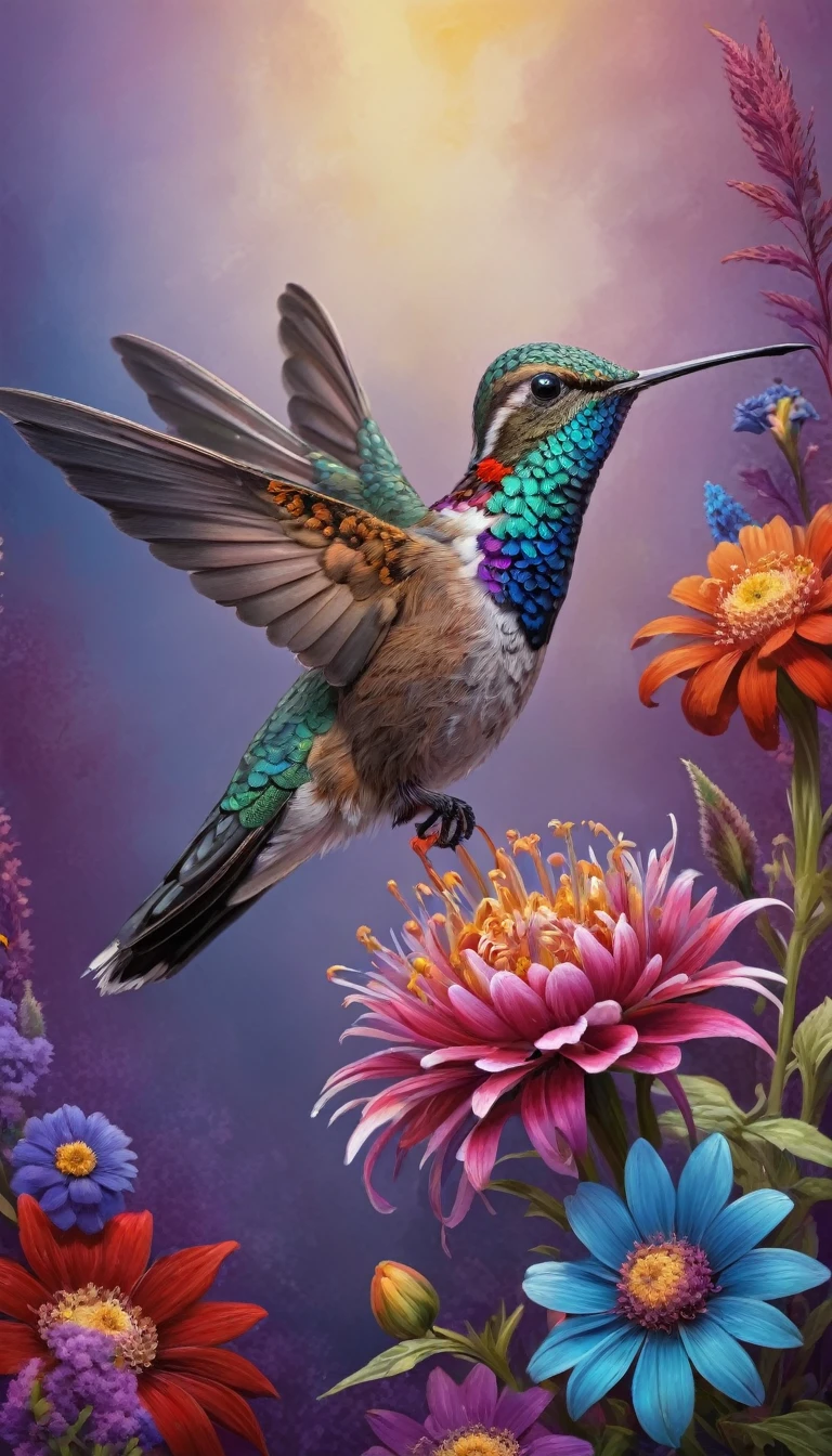 A hummingbird perched on a flower, its feathers adorned with vibrant colors, placed against a natural background. The hummingbird is depicted in intricate detail, strong colors, and high definition quality, immersing viewers in the scene.