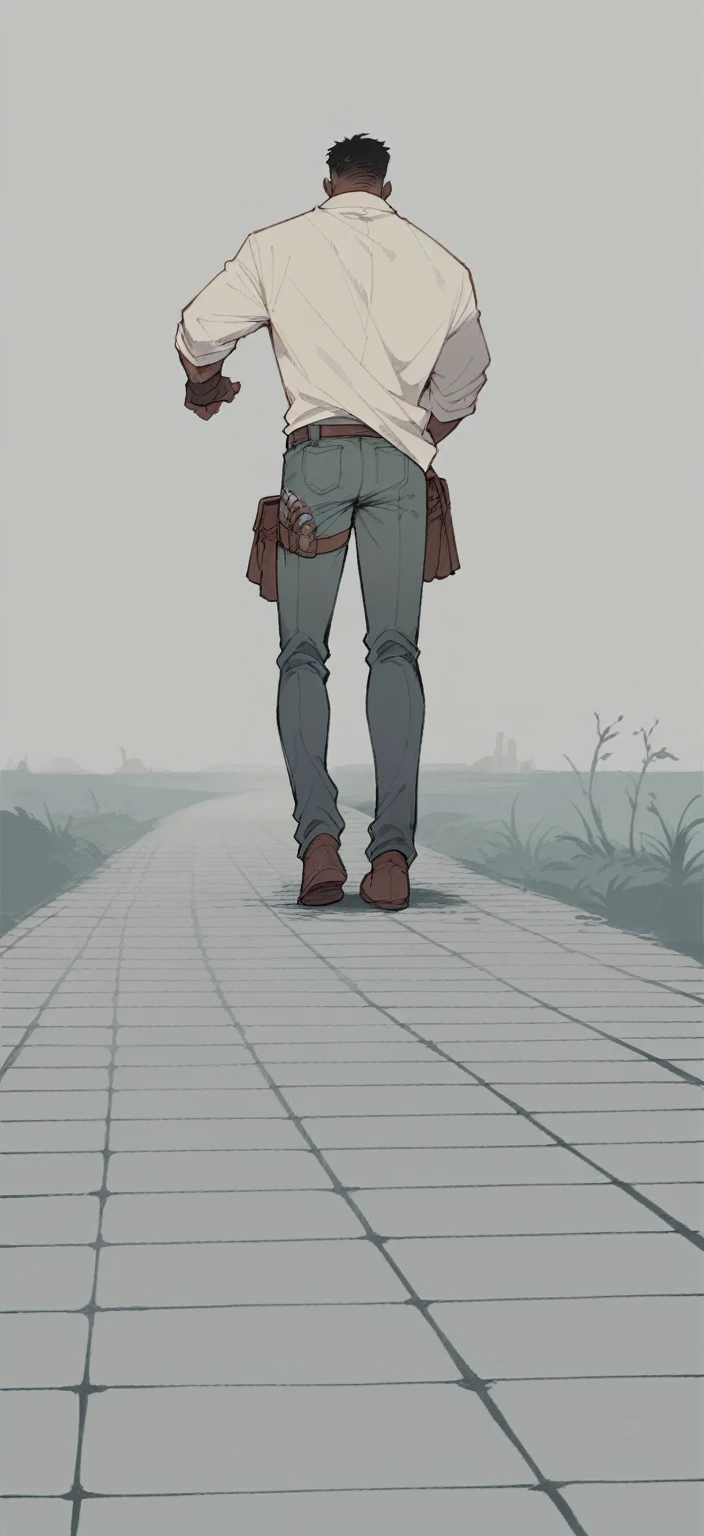 a pretty Male, brown skin ,black hair wearing a mage uniform, the man is walking with his back turned. post apocalyptic Manhwa style.