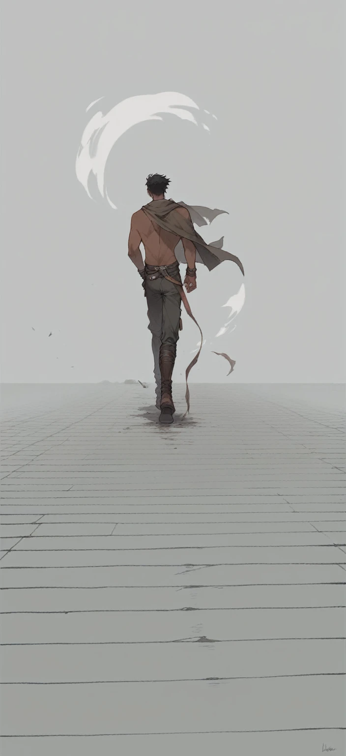 a pretty Male, brown skin ,black hair wearing a mage uniform, the man is walking with his back turned. post apocalyptic Manhwa style.