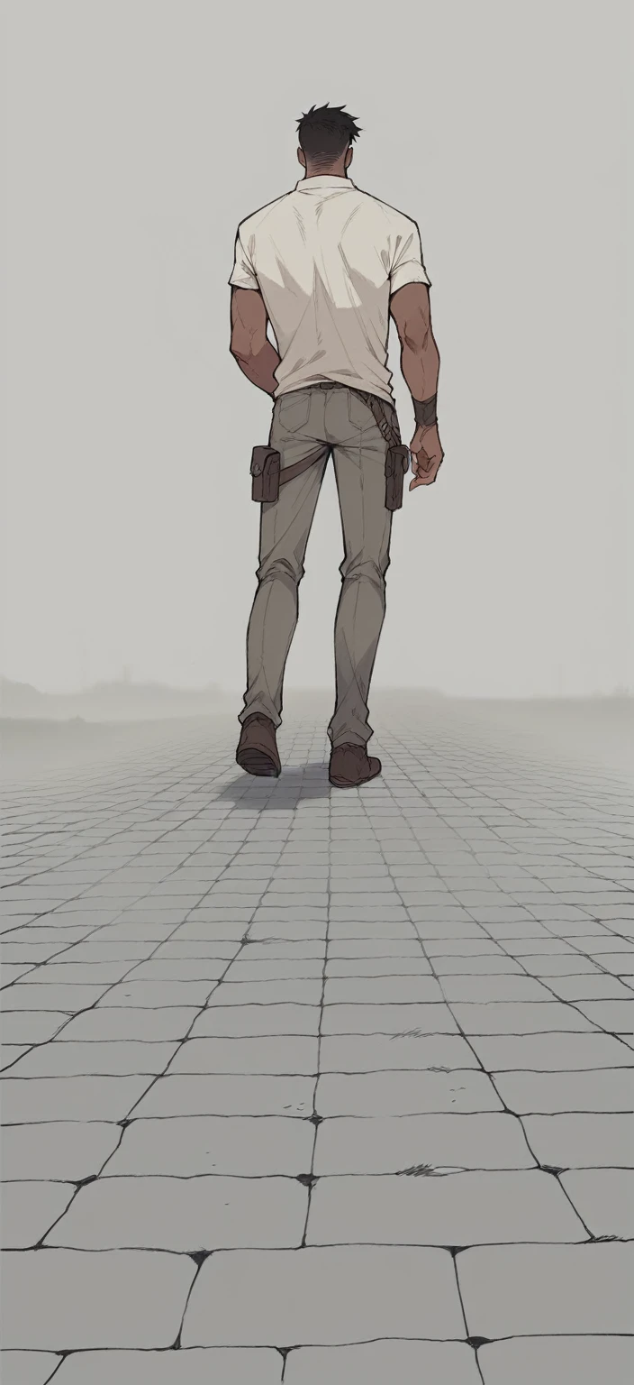 a pretty Male, brown skin ,black hair wearing a mage uniform, the man is walking with his back turned. post apocalyptic Manhwa style.