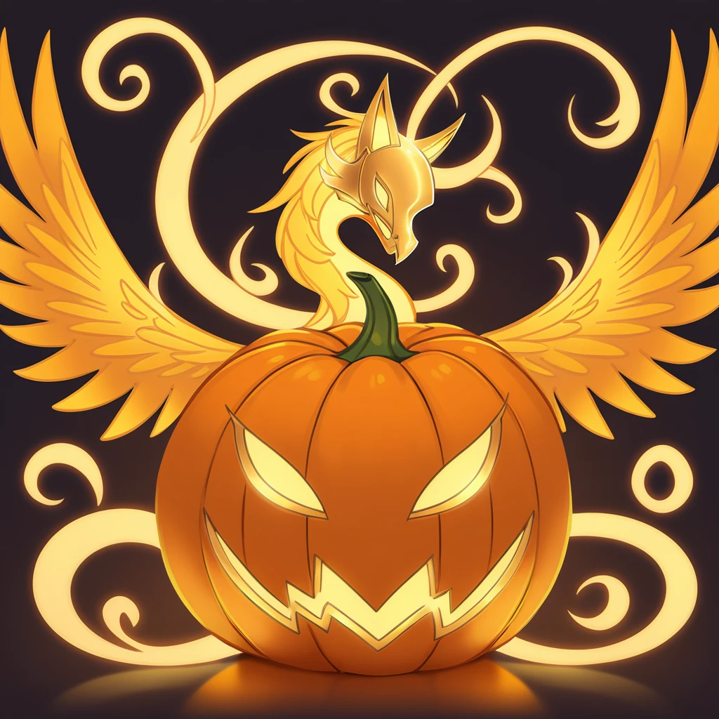 golden phoenix wings with fire ribbons and a golden mask in pumpkin art style