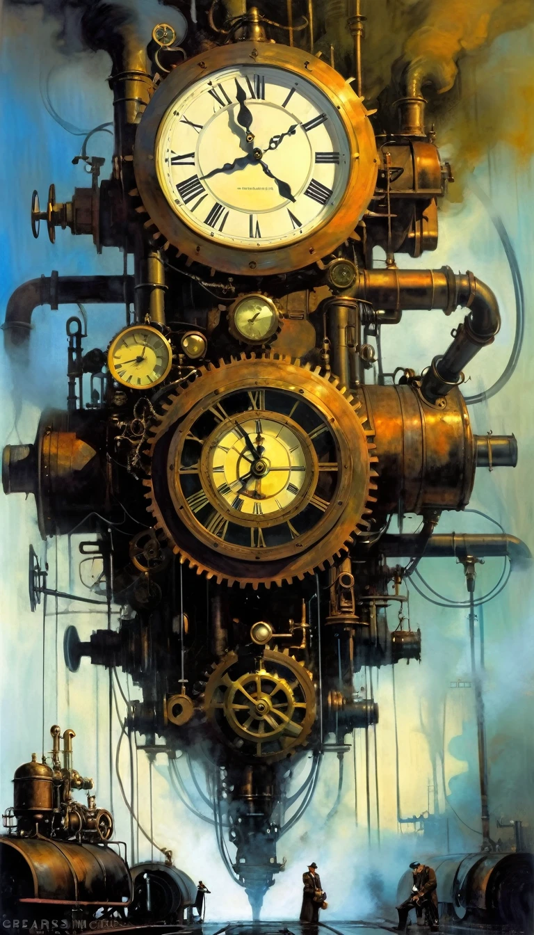 ,mechanical arms, gear, machine, asymmetry, sho, steam, steampunk, mist, vapor, tubing, steam boiler, steam-powered machine, dark, (grears, clock:1.3),(art inspired by Bill Sienkiewicz). oil painting)