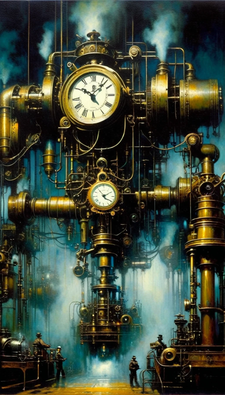 ,mechanical arms, gear, machine, asymmetry, sho, steam, steampunk, mist, vapor, tubing, steam boiler, steam-powered machine, dark, (grears, clock:1.3),(art inspired by Bill Sienkiewicz). oil painting)