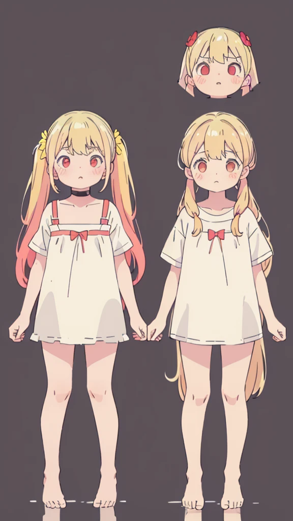 ((masterpiece))((Highest quality))girl、Confused eyes、blush、Flat Chest、Are thin、Blonde Hair、blush、Are standing、Whole body image、Eye level on face、、No background、Hair is two colors、Twin tails、Red Eyes、Two-tone red and yellow hair、Whole body image、Reflected to the toes