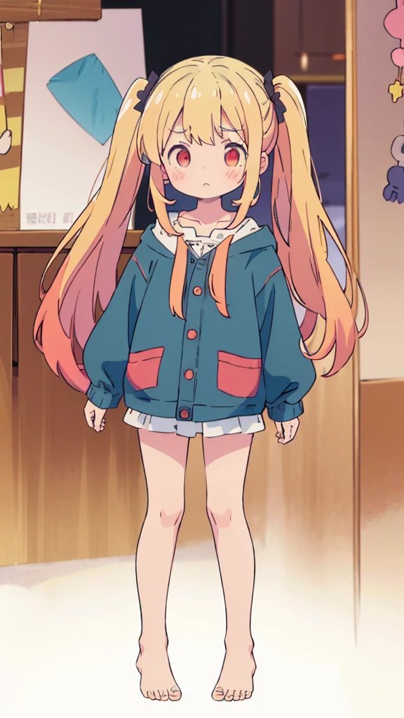 ((masterpiece))((Highest quality))girl、Confused eyes、blush、Flat Chest、Are thin、Blonde Hair、blush、Are standing、Whole body image、Eye level on face、、No background、Hair is two colors、Twin tails、Red Eyes、Two-tone red and yellow hair、Whole body image、Reflected to the toes