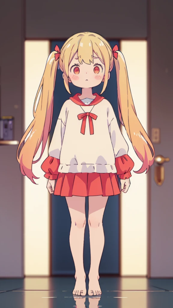 ((masterpiece))((Highest quality))girl、Confused eyes、blush、Flat Chest、Are thin、Blonde Hair、blush、Are standing、Whole body image、Eye level on face、、No background、Hair is two colors、Twin tails、Red Eyes、Two-tone red and yellow hair、Whole body image、Reflected to the toes
