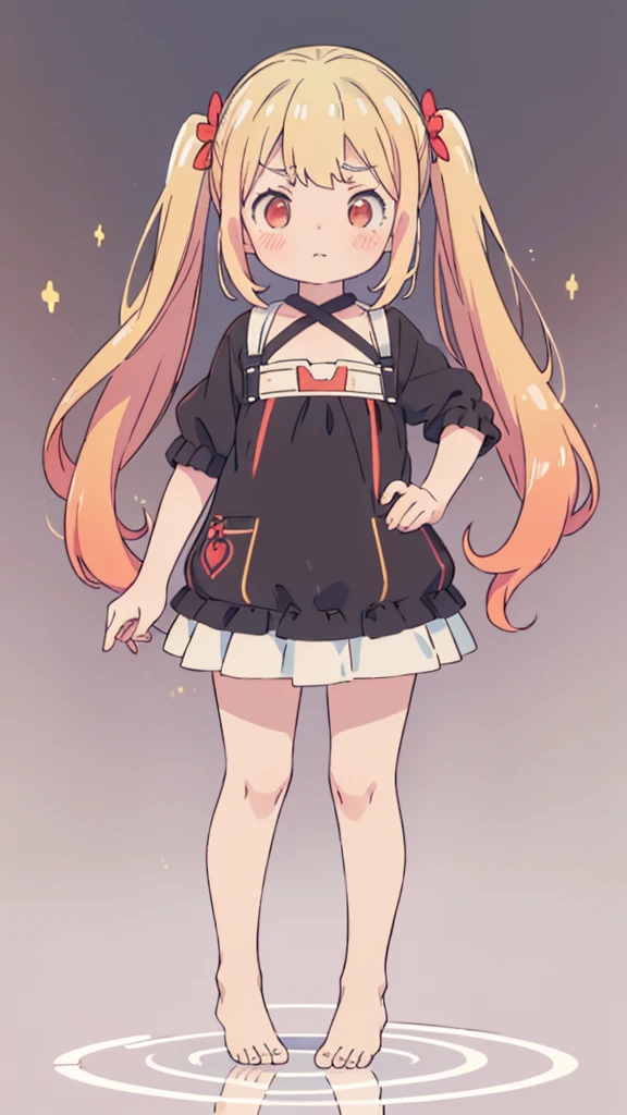((masterpiece))((Highest quality))girl、Confused eyes、blush、Flat Chest、Are thin、Blonde Hair、blush、Are standing、Whole body image、Eye level on face、、No background、Hair is two colors、Twin tails、Red Eyes、Two-tone red and yellow hair、Whole body image、Reflected to the toes