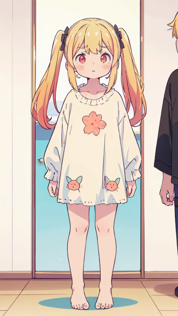 ((masterpiece))((Highest quality))girl、Confused eyes、blush、Flat Chest、Are thin、Blonde Hair、blush、Are standing、Whole body image、Eye level on face、、No background、Hair is two colors、Twin tails、Red Eyes、Two-tone red and yellow hair、Whole body image、Reflected to the toes