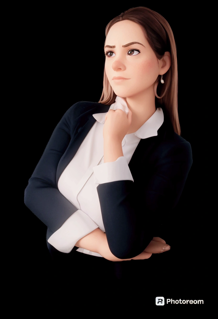 Woman thinking, with a determined look, in the background an office, with many books.