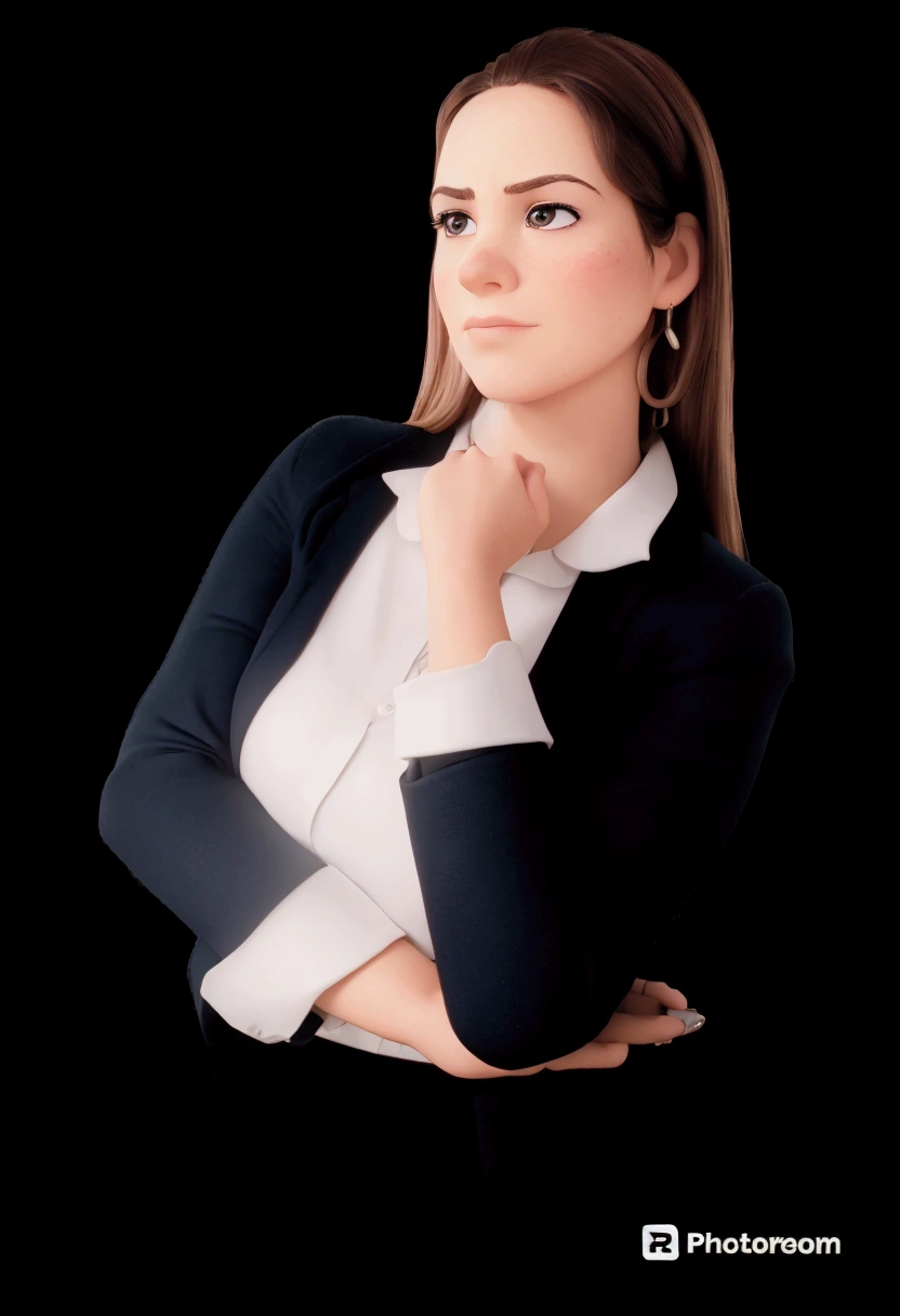 Woman thinking, with a determined look, in the background an office, with many books.