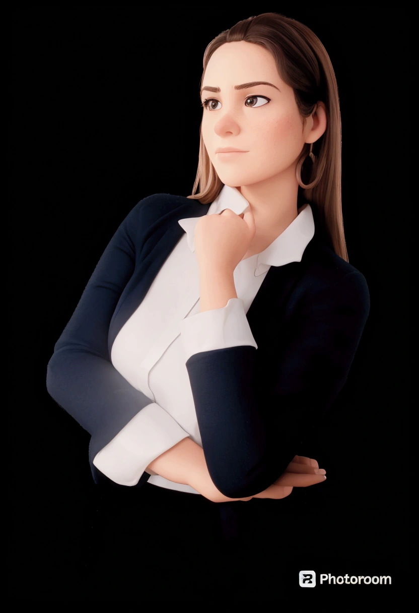 Woman thinking, with a determined look, in the background an office, with many books.