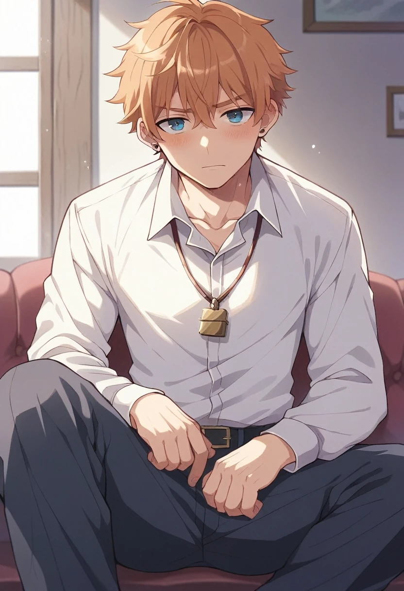 Character 1 boy. young man// I grow // Anime style // Japanese animation //art // His hair is orange //His eyes are blue //Chuuya Nakahara //Any Bongo Stray Dogs // High quality //He has hair framing his face // A lock of hair hangs on the side of his left shoulder // Screenshot //near the sea //He wears a white shirt //Black pants //